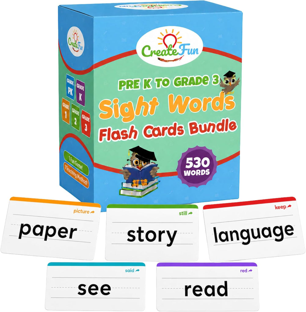 CreateFun 530 Sight Words Flash Cards for Kids Ages 3 to 9 - Dolch & Fry High Frequency Word Set for Preschool, Kindergarten, 1st, 2nd, 3rd Grade, Learn to Read Homeschool & Classroom Games