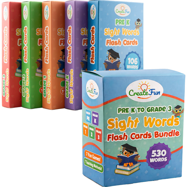CreateFun 530 Sight Words Flash Cards for Kids Ages 3 to 9 - Dolch & Fry High Frequency Word Set for Preschool, Kindergarten, 1st, 2nd, 3rd Grade, Learn to Read Homeschool & Classroom Games