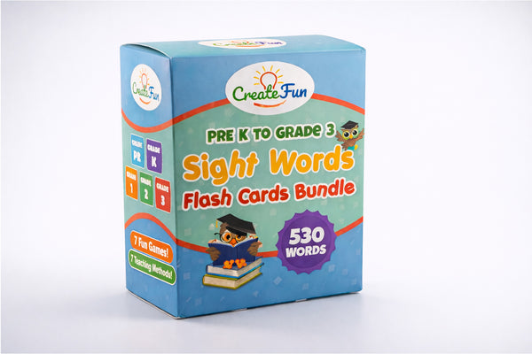 CreateFun 530 Sight Words Flash Cards for Kids Ages 3 to 9 - Dolch & Fry High Frequency Word Set for Preschool, Kindergarten, 1st, 2nd, 3rd Grade, Learn to Read Homeschool & Classroom Games