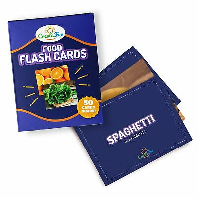 Food Flash Cards by CreateFun | 50 Vocabulary Picture Cards | for Parents, Teachers, Speech Therapy & ESL Teaching Materials